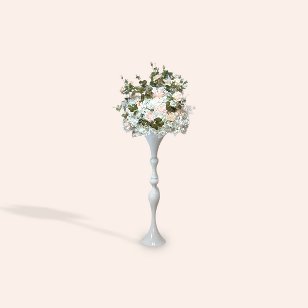 White tall pedestal with flowers